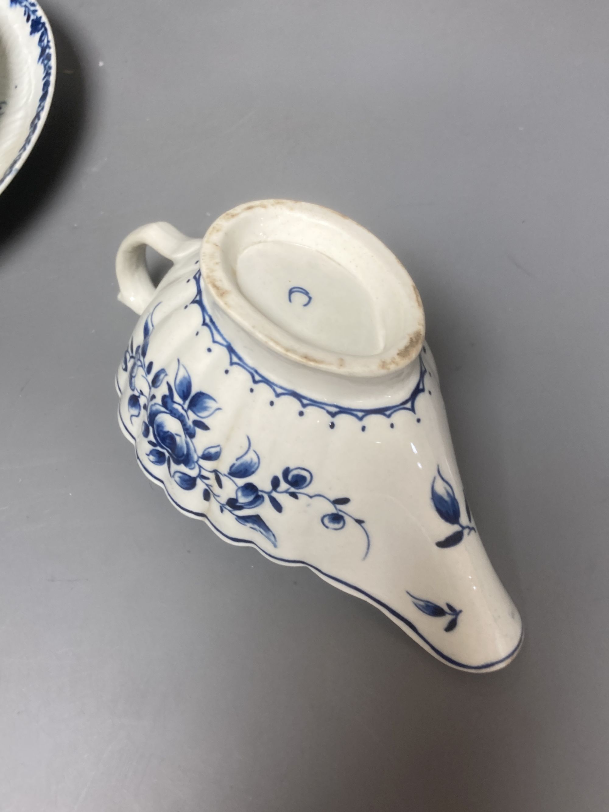 A group of Worcester blue and white ceramics, a Japan pattern cup and a Samson blue and white saucer, tallest 8cm